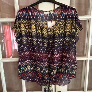 Bisou Bisou Ombré Geo Print Front Tie Sheer Cap Sleeves Shirt Boho Loose NWT